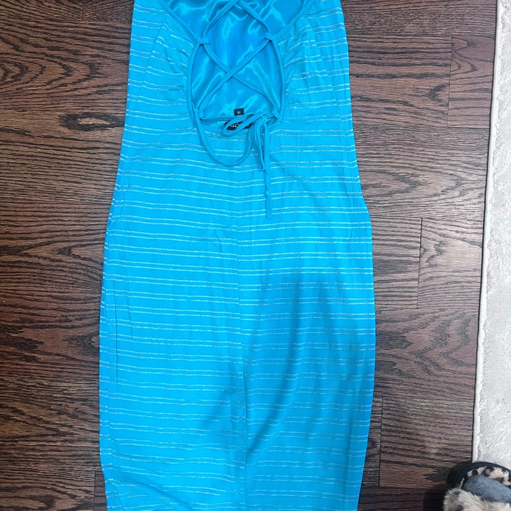 Bebe Blue and Silver Striped Halter Dress